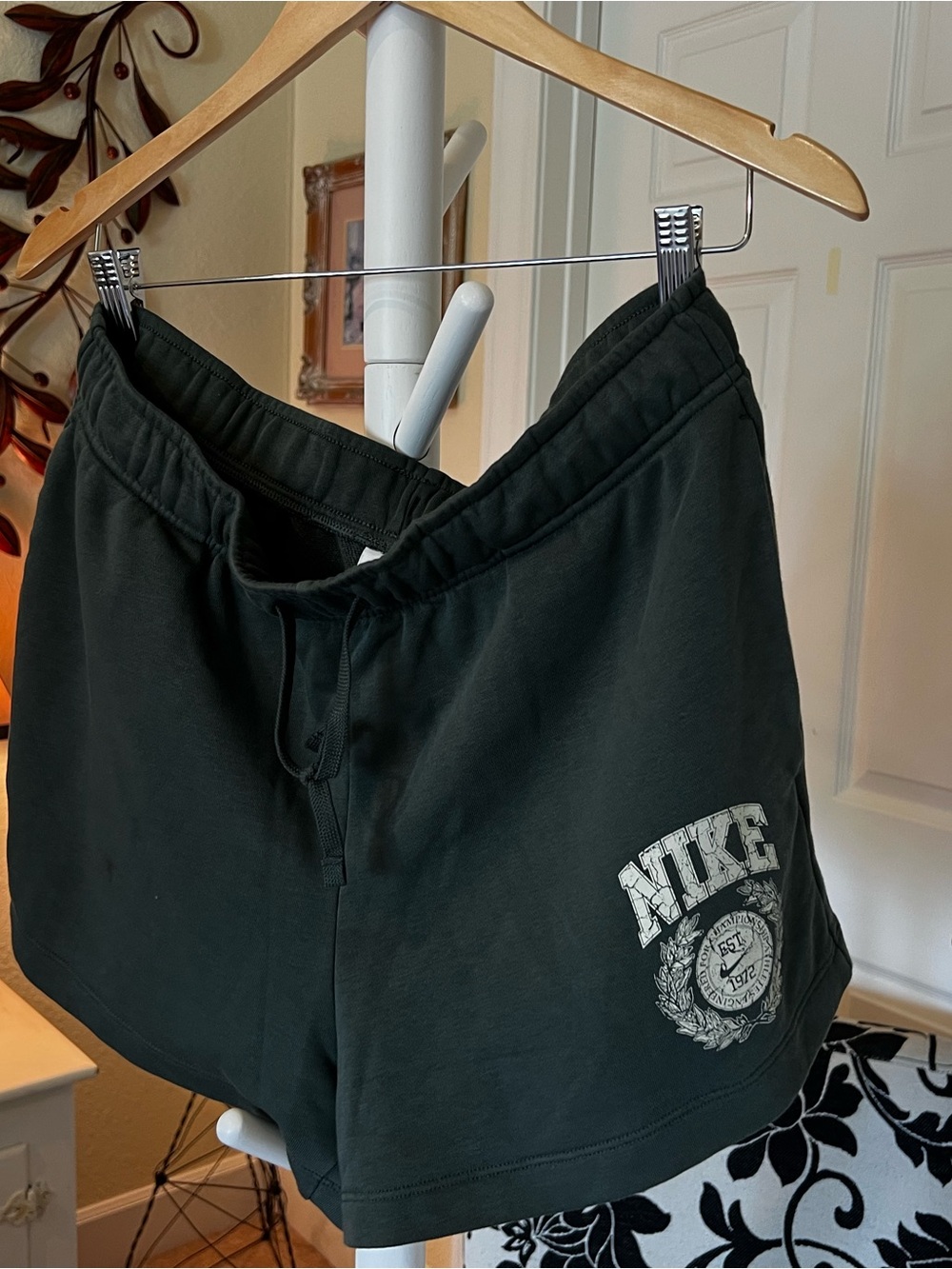 Nike Dark Green Women’s Drawstring Athletic Shorts with White Crest Logo